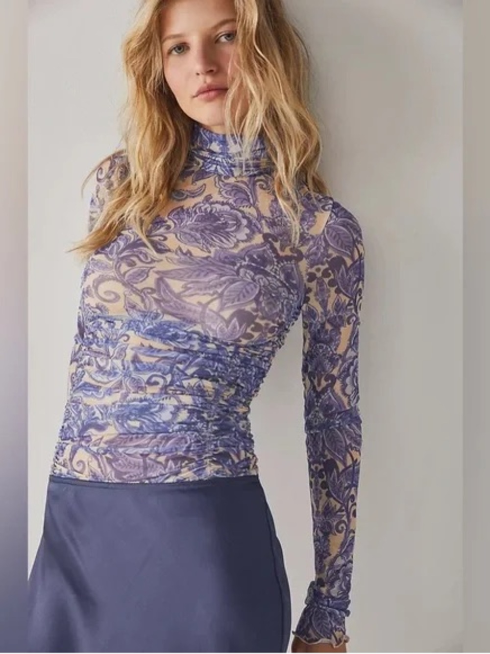 Free People Under It All Bodysuit XS Porcelain Combo Blue Floral Mesh Ruched NWT